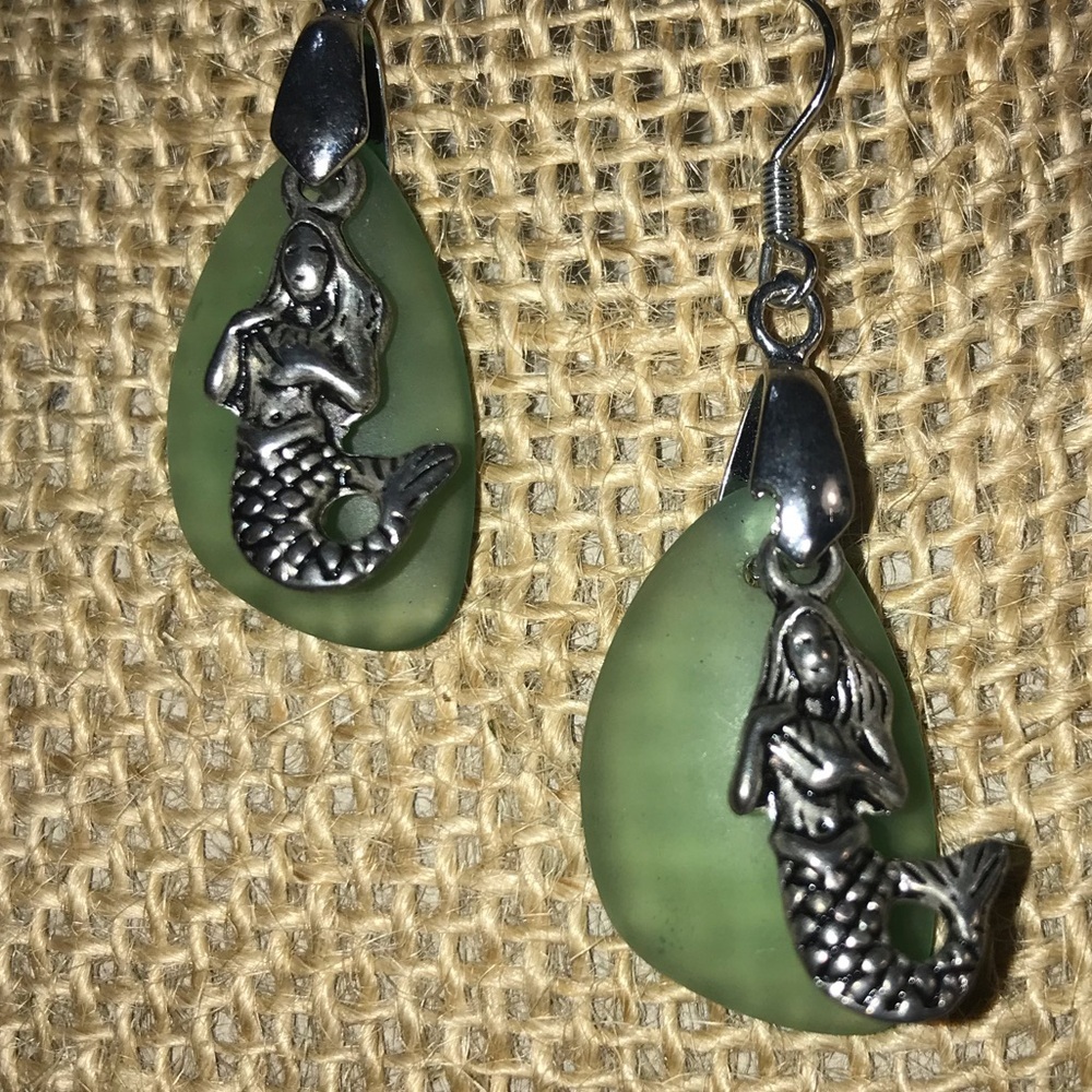 Seaglass Mermaid Earrings Green Silver Beach Summer